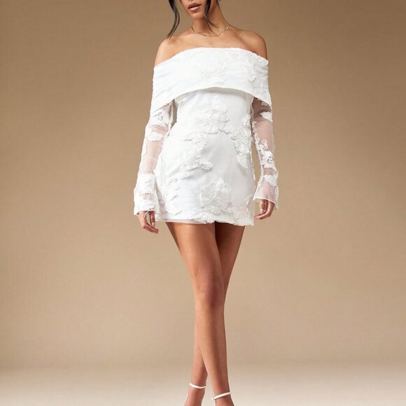 White Elegant Womens Embroidered Flap Off Shoulder Bardot Long Sleeve Mini Dress - Picture 4 of 7